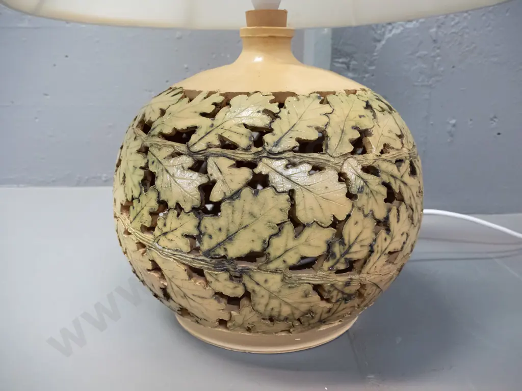 studio pottery table lamp - pierced oak leaf design, signed on base (Evan Stephen?) Fitting slightly loose, going. H-590 Image 1++