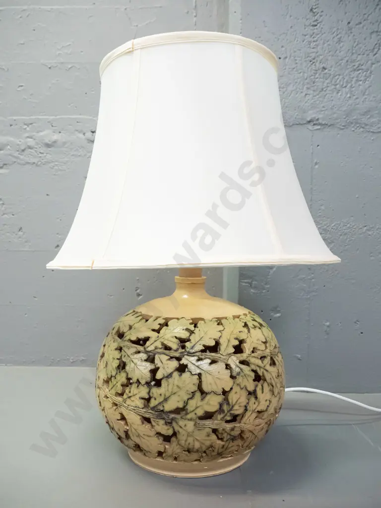 studio pottery table lamp - pierced oak leaf design, signed on base (Evan Stephen?) Fitting slightly loose, going. H-590 Image 1++