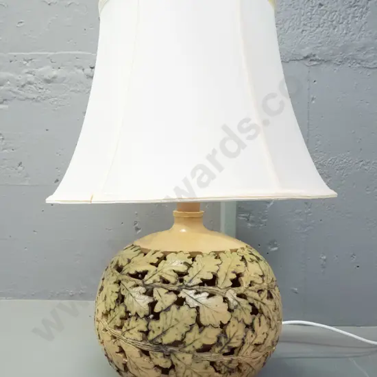 studio pottery table lamp - pierced oak leaf design, signed on base (Evan Stephen?) Fitting slightly loose, going. H-590