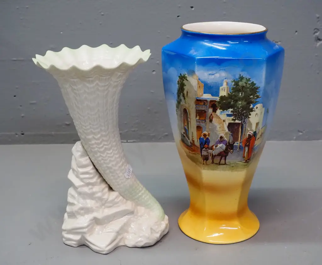 H&K Tunstall hand painted Arab street scene vase H-260 and a Belleek style shell vase with small fleck to rim Image 1++