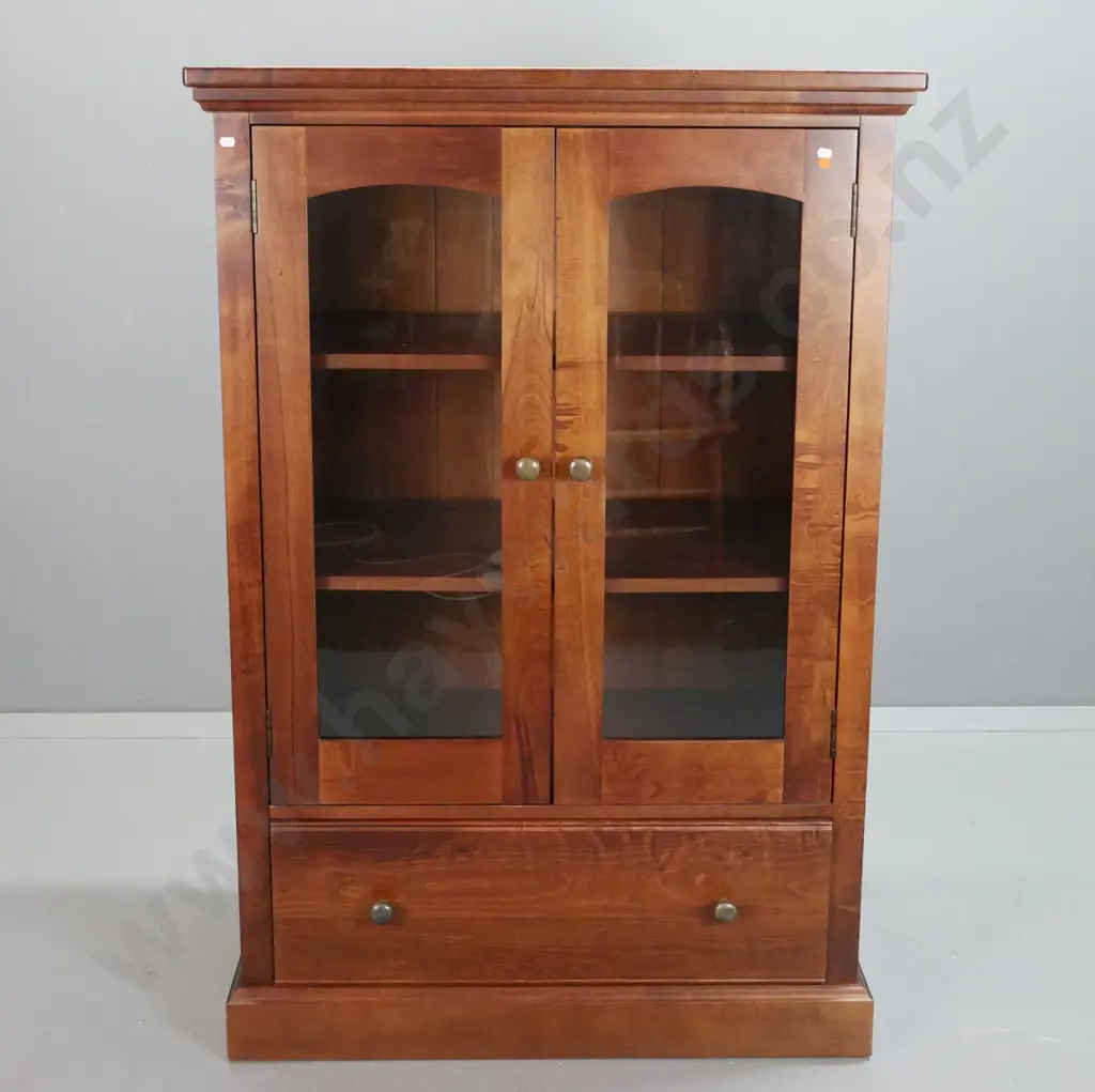 reproduction beech display cabinet with 2 glazed doors, one drawer, metal knobs, 2 adjustable shelves - minor scratches Image 1++
