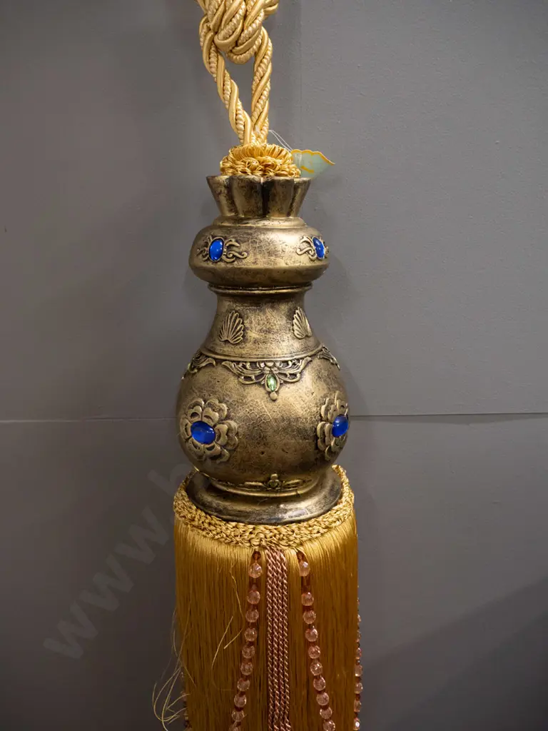 Chinese composite oversize ornamental tie-back with braided gold cord hanger, inset faux jewel decoration, with Butler & Image 1++