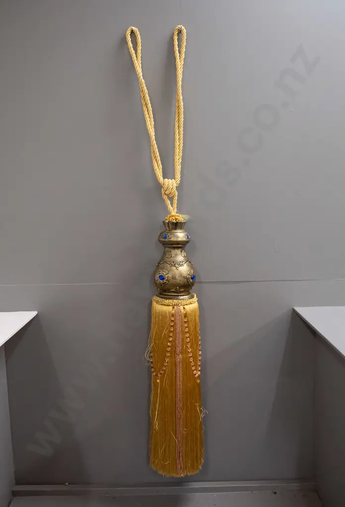 Chinese composite oversize ornamental tie-back with braided gold cord hanger, inset faux jewel decoration, with Butler & Image 1++