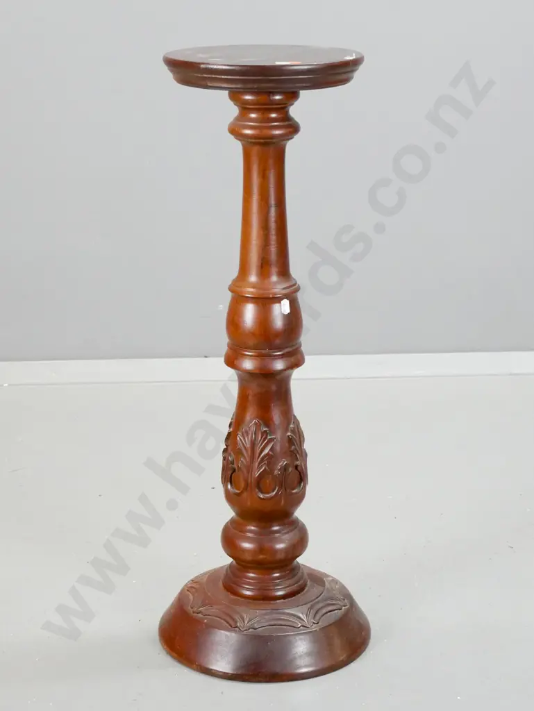 vintage mahogany jardiniere stand with turned & carved stem on carved round base - some marks to top H-755 Top D-240 Image 1++