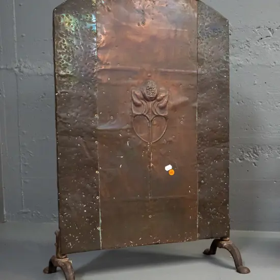 arts & crafts style fire screen - beaten copper over wood, cast metal feet slightly loose H-675 W-430