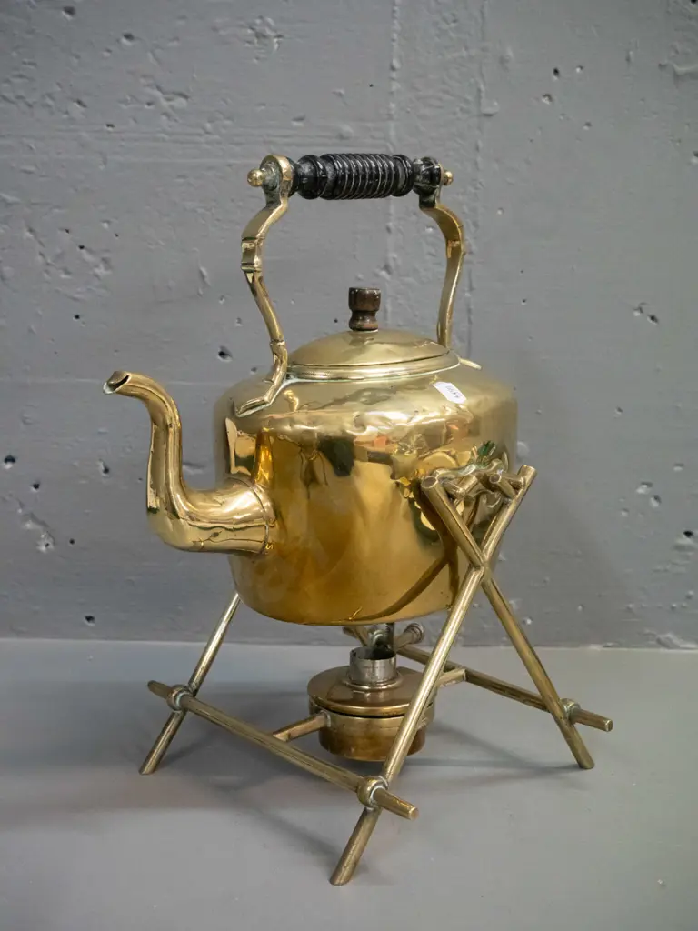 vintage brass spirit kettle on stand, with ebony handles and knob, with burner, hard to read mark on base of pot, has Image 1++