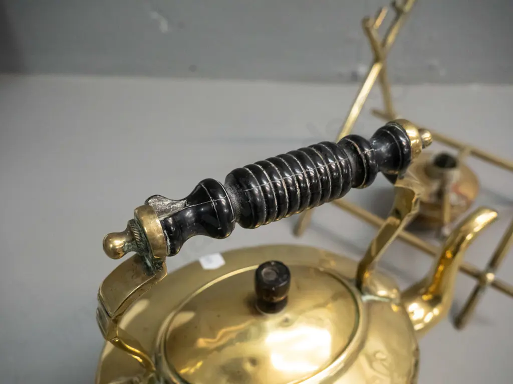 vintage brass spirit kettle on stand, with ebony handles and knob, with burner, hard to read mark on base of pot, has Image 1++