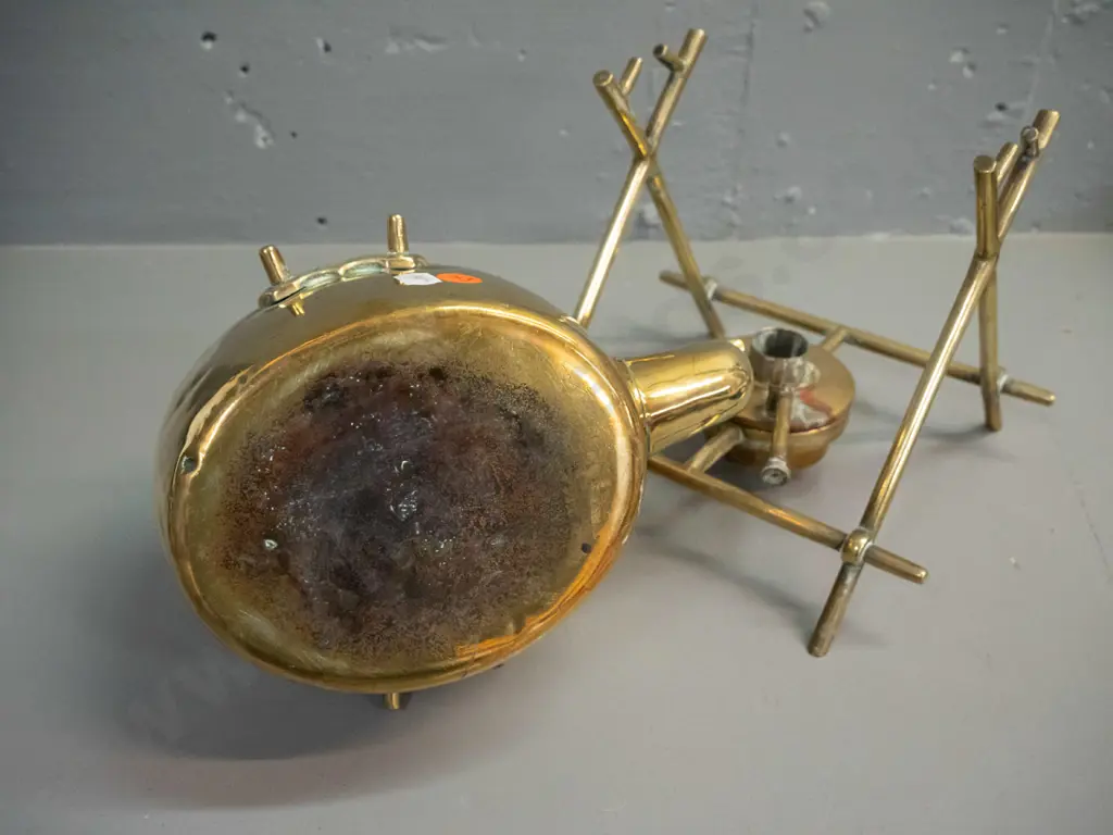 vintage brass spirit kettle on stand, with ebony handles and knob, with burner, hard to read mark on base of pot, has Image 1++