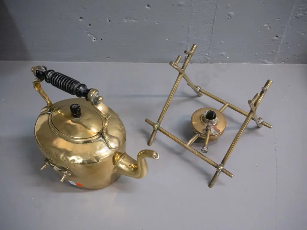 vintage brass spirit kettle on stand, with ebony handles and knob, with burner, hard to read mark on base of pot, has Image 1++