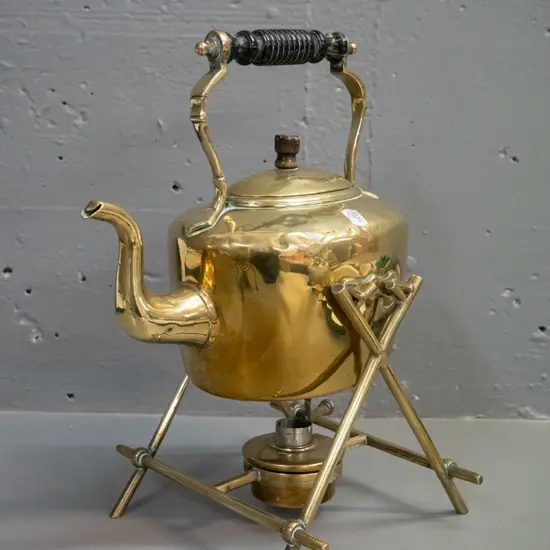 vintage brass spirit kettle on stand, with ebony handles and knob, with burner, hard to read mark on base of pot, has