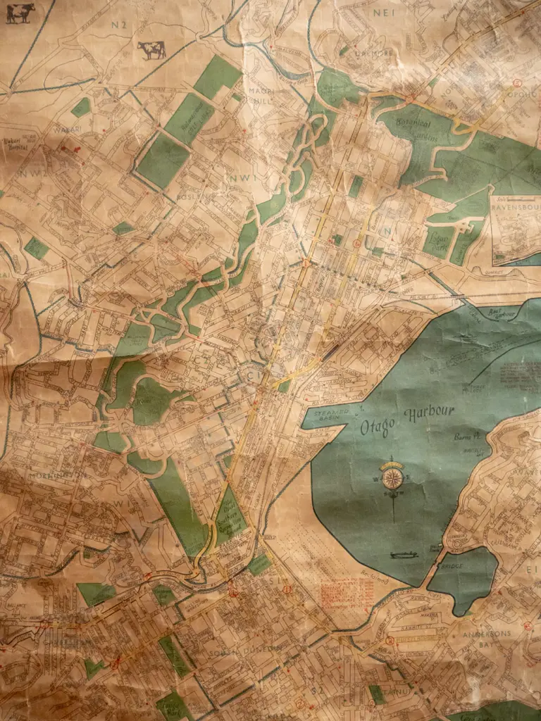 vintage Wise's Dunedin wall map on timber hangers - age wear, creases and discolouration. H-1030 W-770 Image 1++