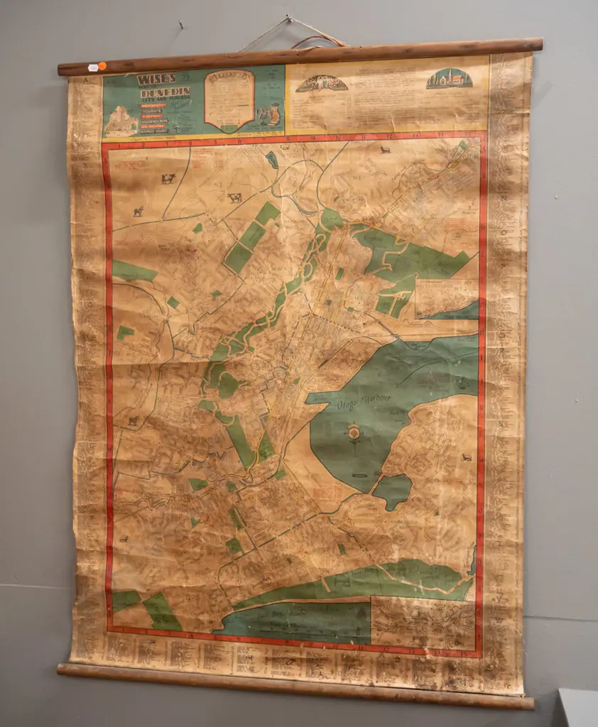 vintage Wise's Dunedin wall map on timber hangers - age wear, creases and discolouration. H-1030 W-770 Image 1++