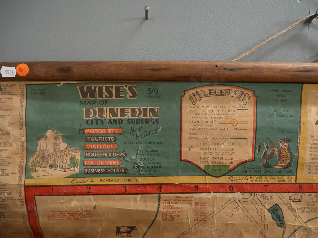 vintage Wise's Dunedin wall map on timber hangers - age wear, creases and discolouration. H-1030 W-770 Image 1++