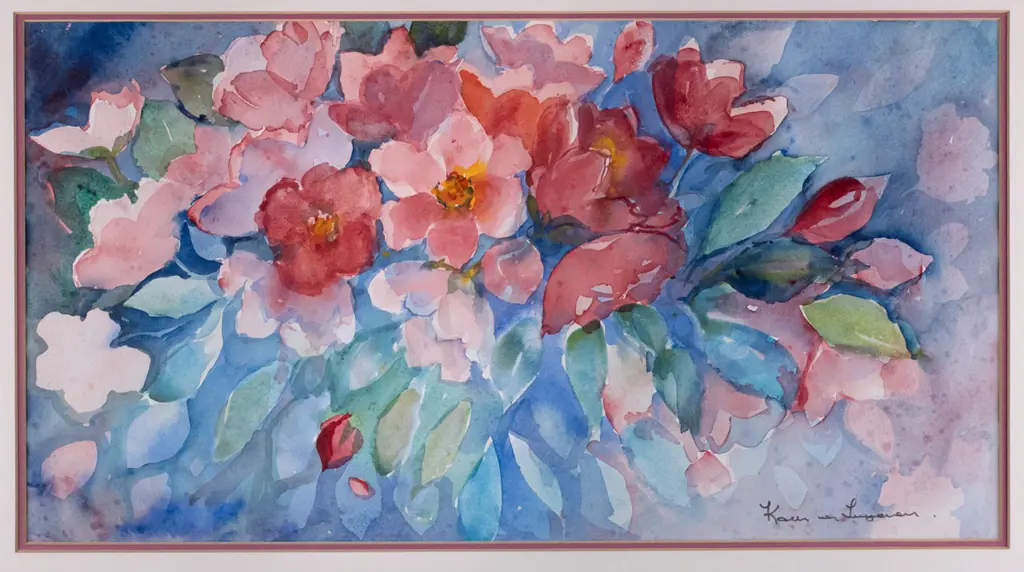 Kath von Tunzelmann - framed watercolour - flowers H-260 W-490 Image 1++