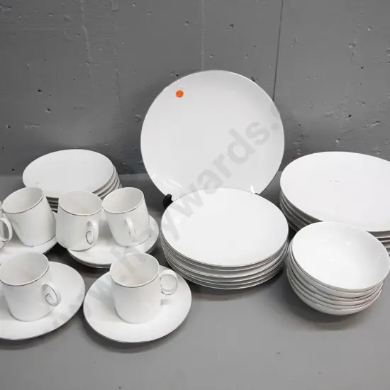 Thomas Germany white with silver rim 6-place dinner set - minor staining and slight wear to silver on some. Dinner plate