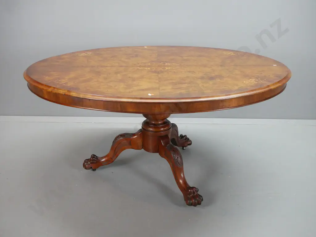 Victorian walnut tilt-top loo table with boxwood stringing & inlay decoration, 3 point pedestal base with carved knees Image 1++