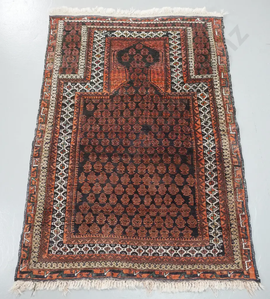 Persian style hand knotted prayer or small floor rug - intricate geometric reds, blacks, browns, cream - some fading Image 1++