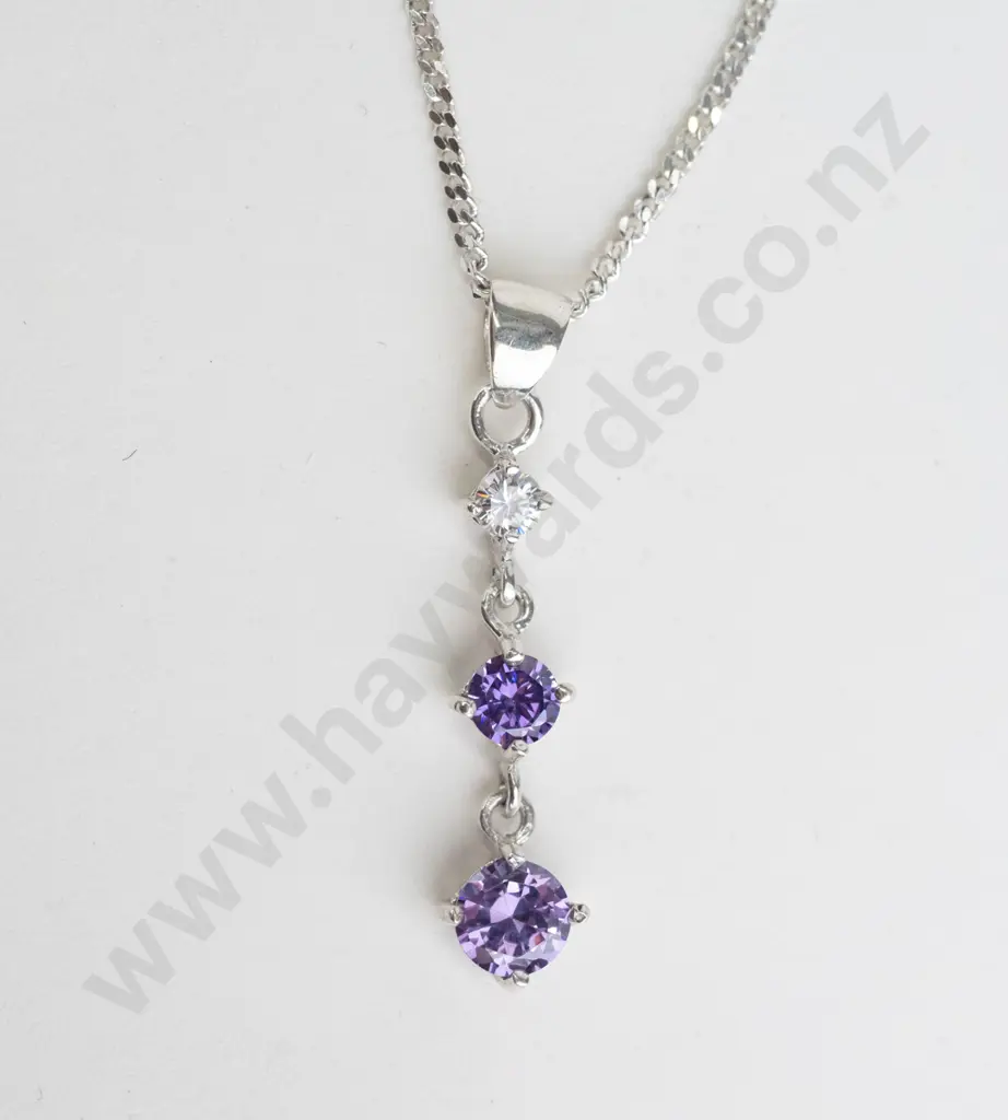 silver amethyst & cz necklace chain stamped 925 Image 1++