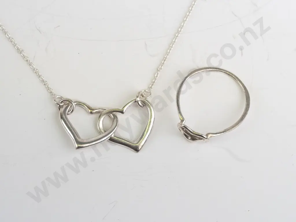 silver heart necklace & silver heart ring both stamped 925 Image 1++