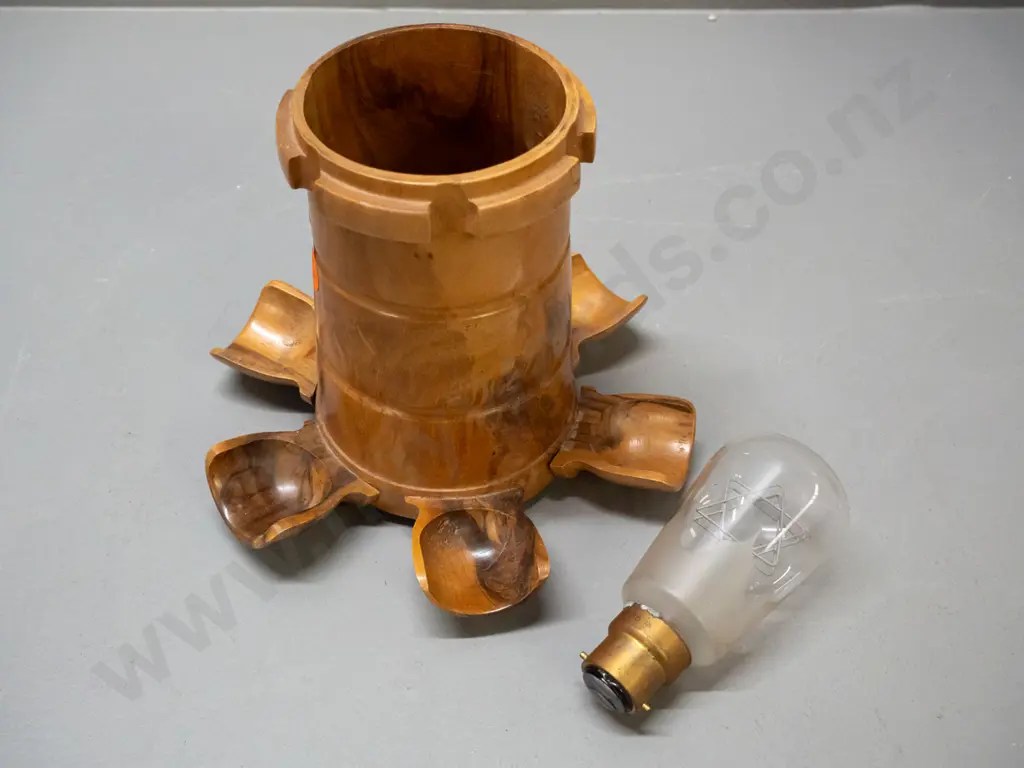 vintage carved Israeli olivewood pipe stand H150 D180 & an unusual vintage lightbulb with star of David shaped filament Image 1++