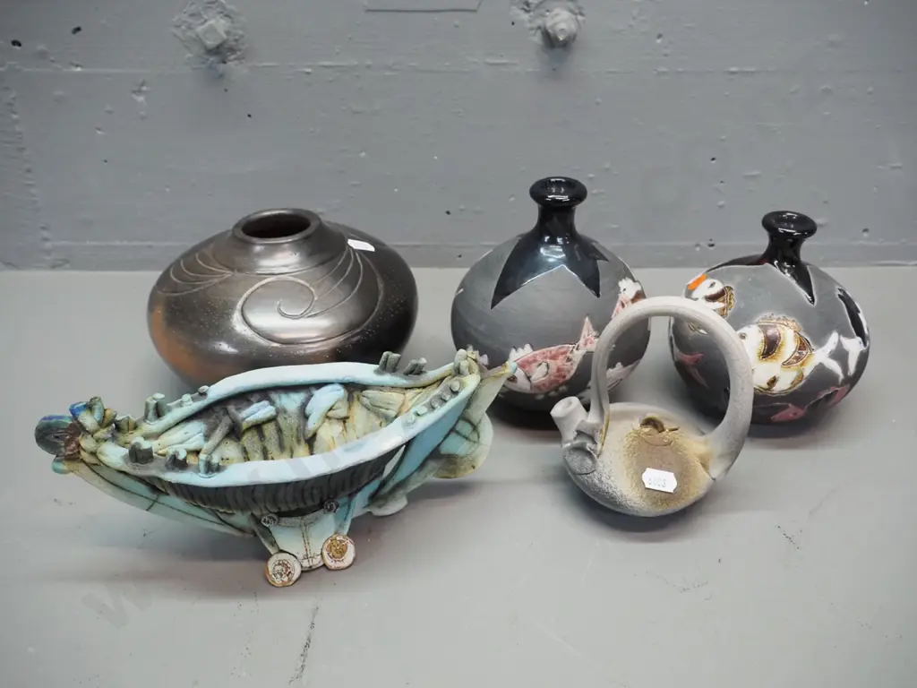 5 NZ studio pottery items - 2 bottle vases marked B. Jones, vase w/Phyllis Smith Port Chalmers / Careys Bay label, small Image 1++