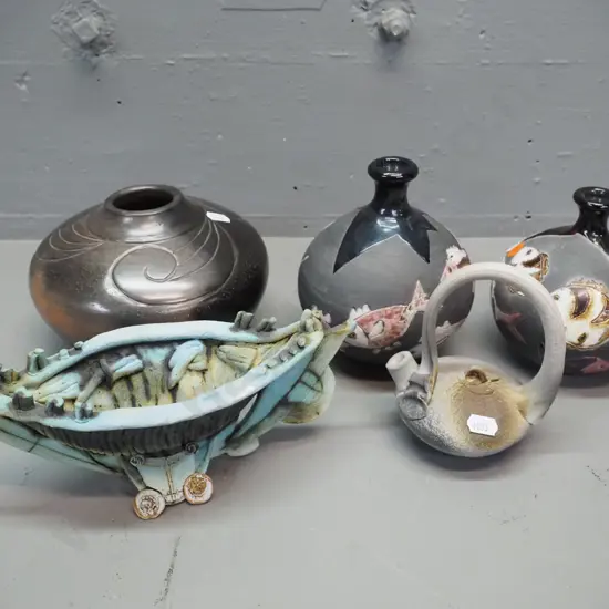 5 NZ studio pottery items - 2 bottle vases marked B. Jones, vase w/Phyllis Smith Port Chalmers / Careys Bay label, small