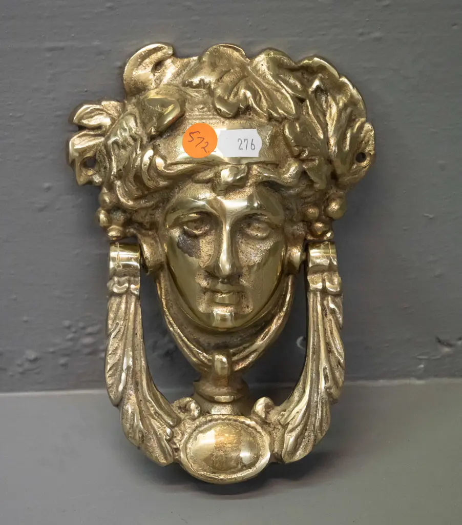 cast brass figural door knocker with Romanesque face - some pitting and discolouration. H-170 W-120 Image 1++