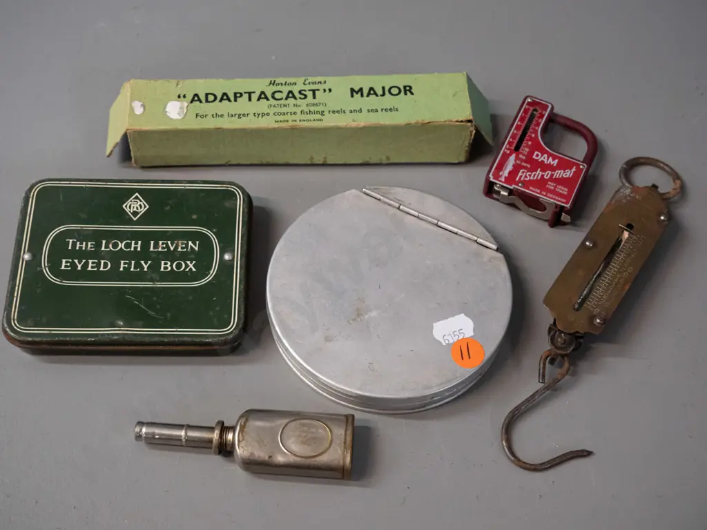 vintage fly fishing items - metal fly tins, one with contents, DAM Fish-o-mat combination scale / measuring tape, small Image 1++