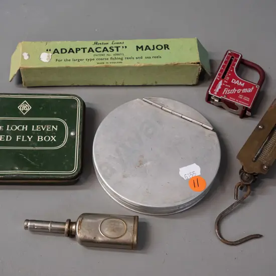 vintage fly fishing items - metal fly tins, one with contents, DAM Fish-o-mat combination scale / measuring tape, small