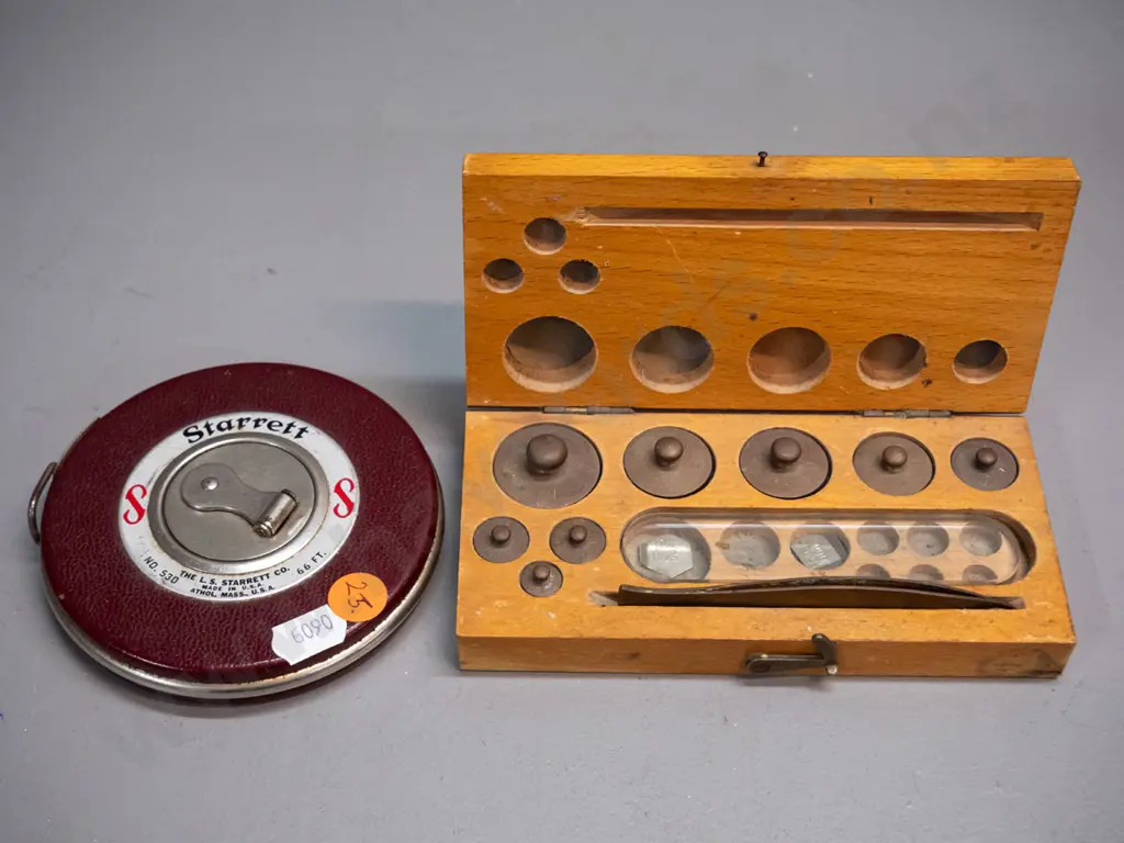 wood-cased set of gold scale weights and a Starrett USA measuring tape D-100 Image 1++