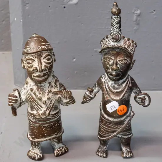 two cast brass tribal style figurines - taller is H-215
