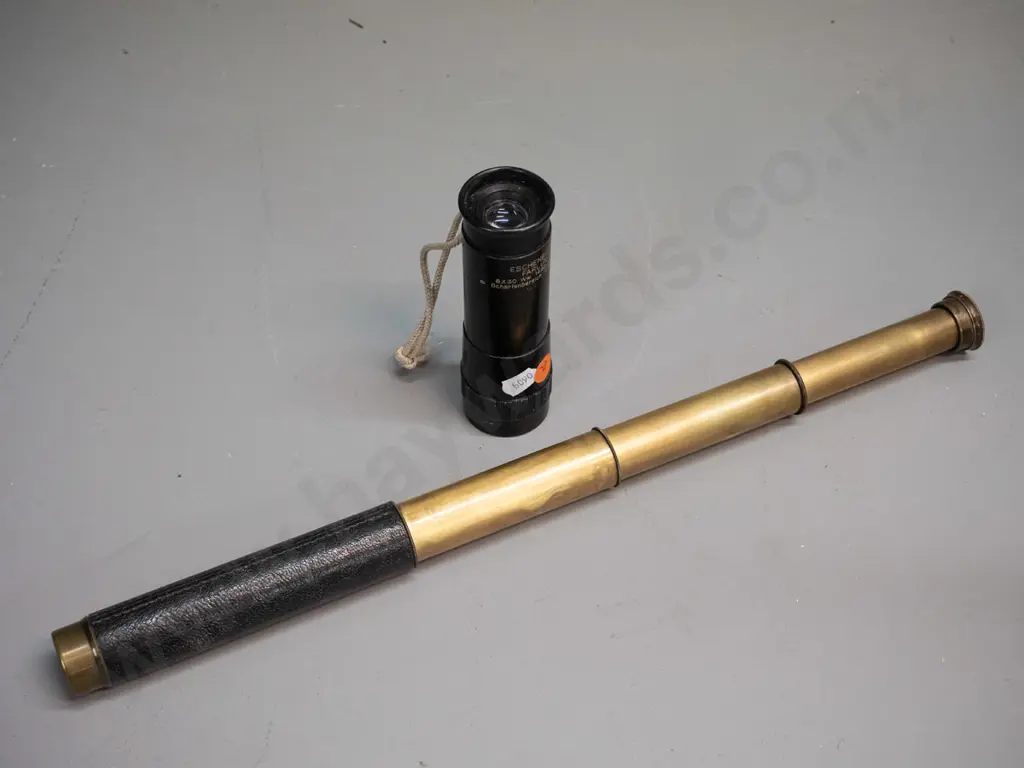 small brass collapsing telescope marked Enbeeco England L-160 and an Eschenbach Farlux scope Image 1++