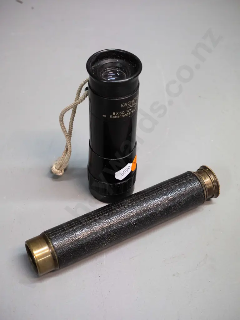 small brass collapsing telescope marked Enbeeco England L-160 and an Eschenbach Farlux scope Image 1++
