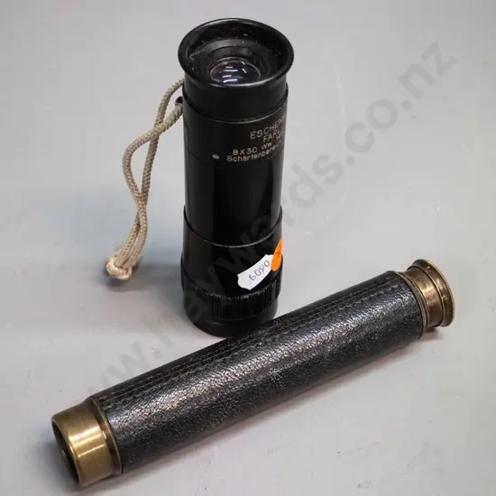 small brass collapsing telescope marked Enbeeco England L-160 and an Eschenbach Farlux scope