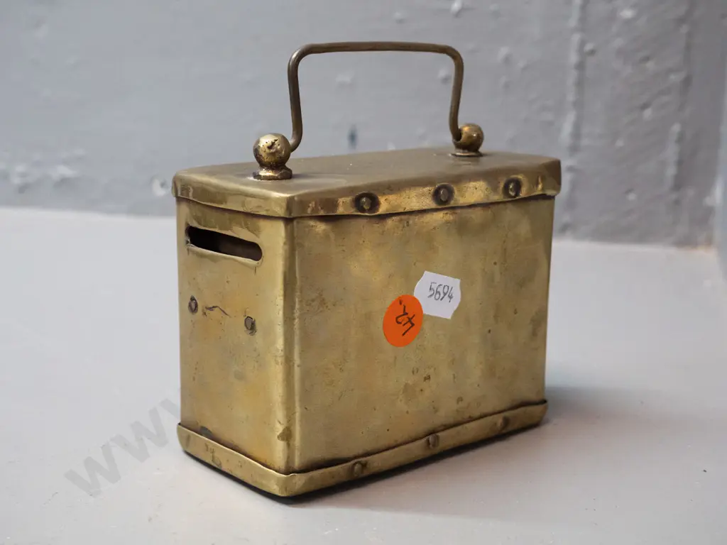 small Indian brass money box - medallion stamped Chittagong Loan Company / No. 6 - H-80 W-105 D-50 Image 1++