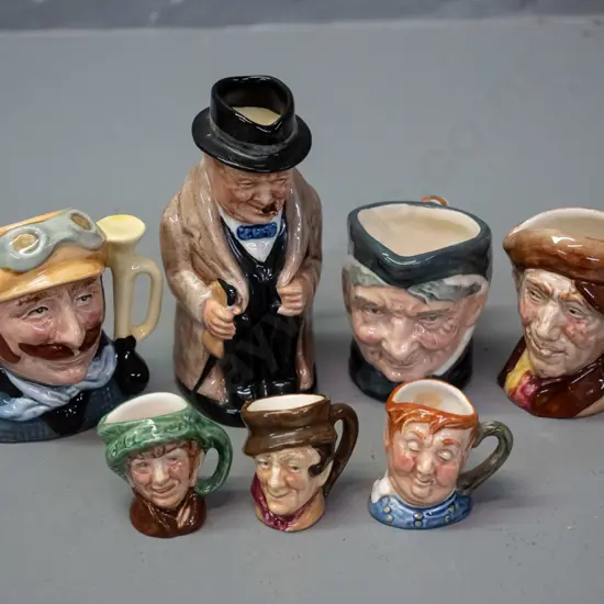 7 Royal Doulton character jugs - 4 small and 3 miniature - Winston Churchill H-100, see photos for others