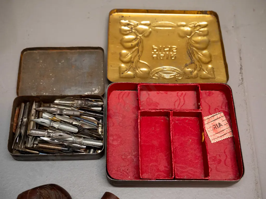 assorted vintage items - carved wooden pipe bowl, pressed metal tins including nouveau style Hair Pin tin with fitted Image 1++
