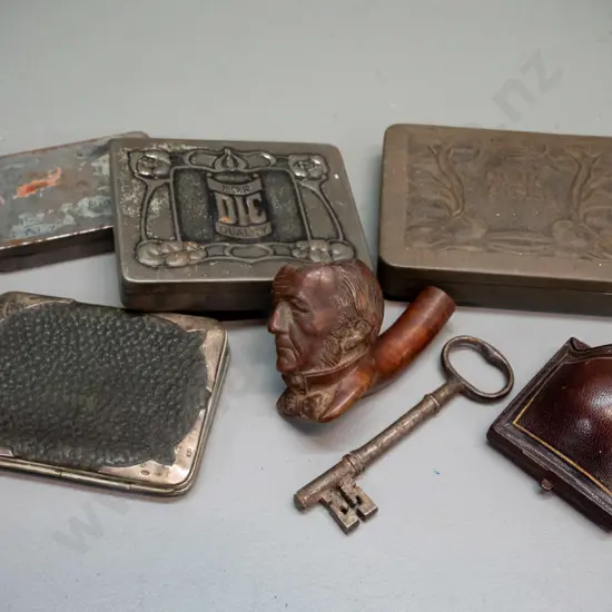 assorted vintage items - carved wooden pipe bowl, pressed metal tins including nouveau style Hair Pin tin with fitted