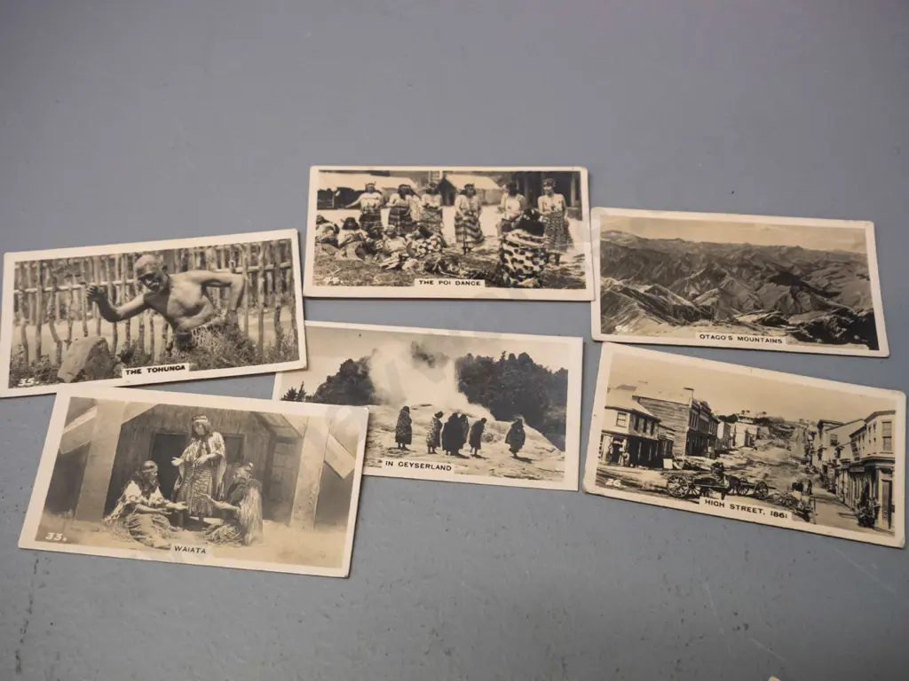 17 vintage Wills collector cigarette cards: Early New Zealand Scenes and Maori Life, including High St. Dunedin, Otago's Image 1++