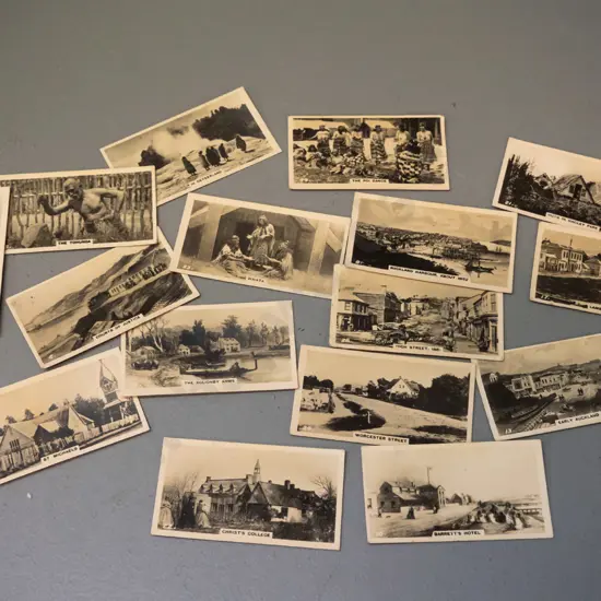 17 vintage Wills collector cigarette cards: Early New Zealand Scenes and Maori Life, including High St. Dunedin, Otago's