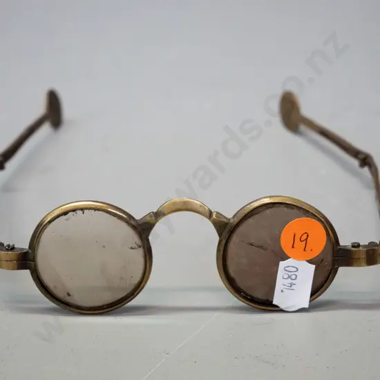unusual folding brass framed eyeglasses  - slight chipping to lenses. W-120 folded.
