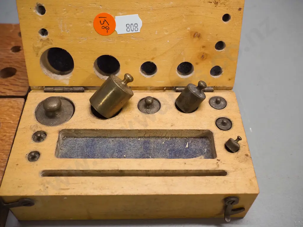 2 part timber cased gold scale weight sets with brass and other metal weights - both missing some elements. Larger is Image 1++