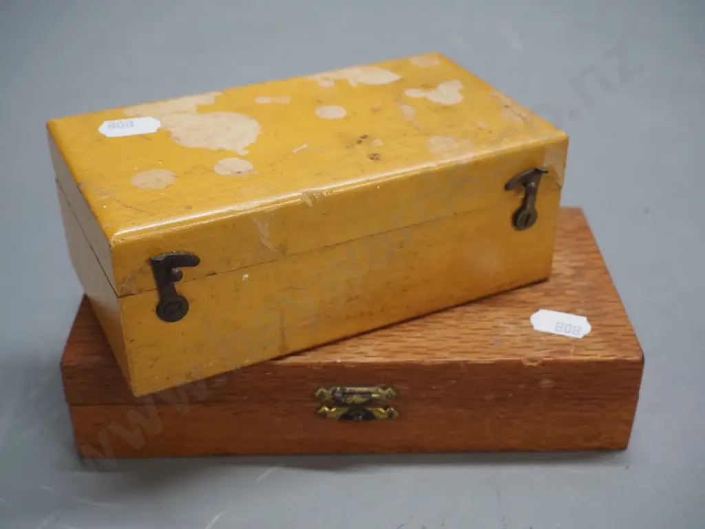 2 part timber cased gold scale weight sets with brass and other metal weights - both missing some elements. Larger is Image 1++
