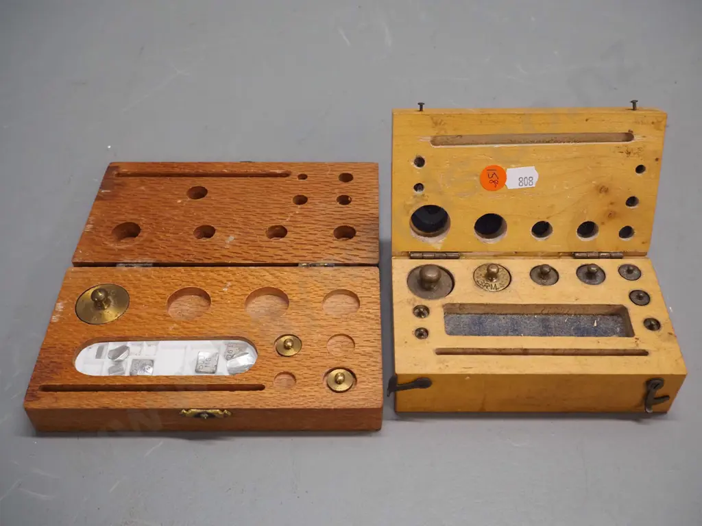 2 part timber cased gold scale weight sets with brass and other metal weights - both missing some elements. Larger is Image 1++