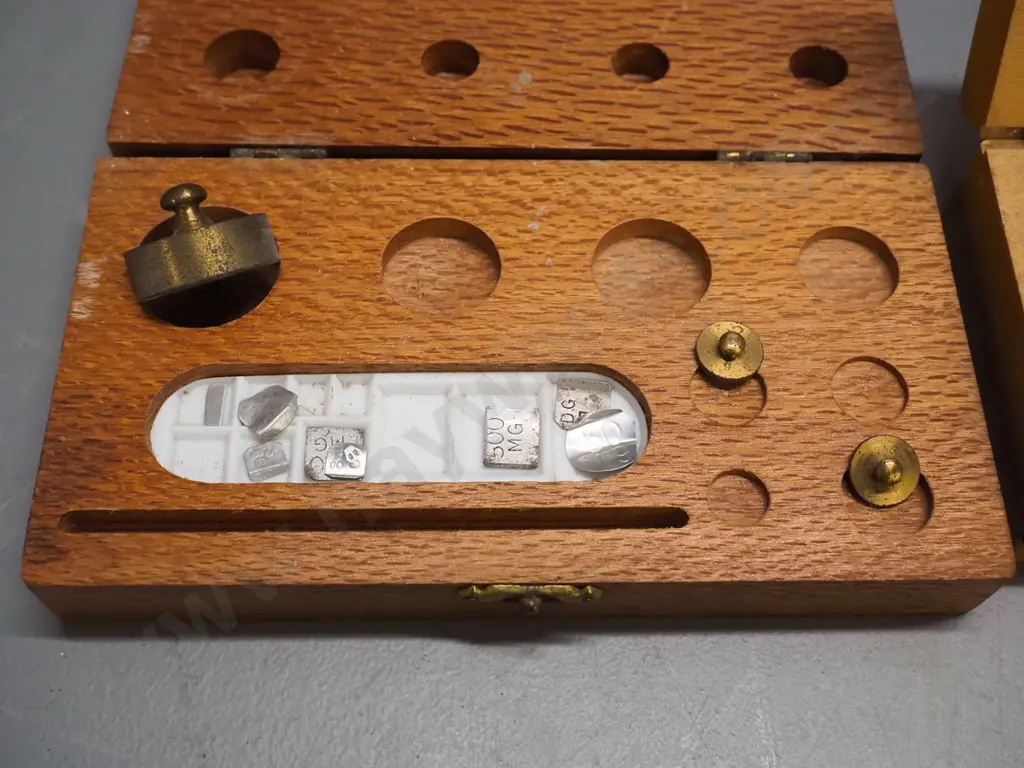 2 part timber cased gold scale weight sets with brass and other metal weights - both missing some elements. Larger is Image 1++