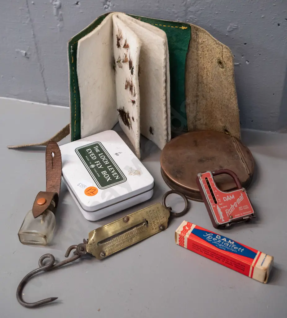 vintage fly fishing items - metal fly tins and a leather pouch with contents, DAM Fish-o-mat combination scale / Image 1++