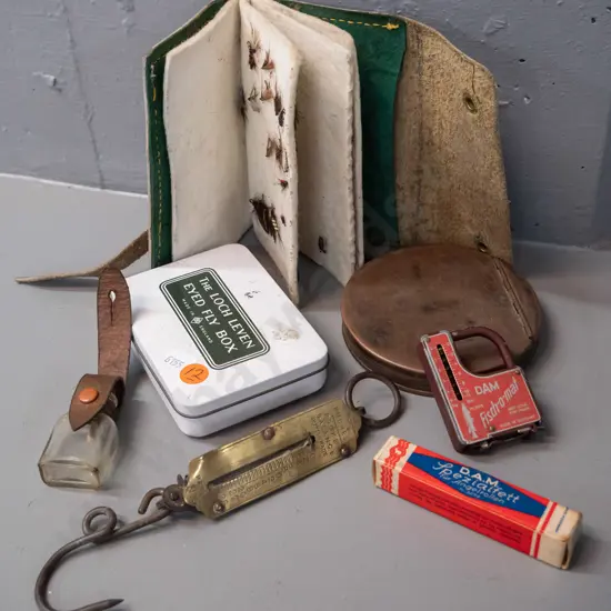 vintage fly fishing items - metal fly tins and a leather pouch with contents, DAM Fish-o-mat combination scale /