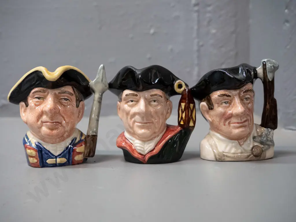 6 small Royal Doulton Characters from Williamsburg character jugs, approx. H-60. See photos for names Image 1++