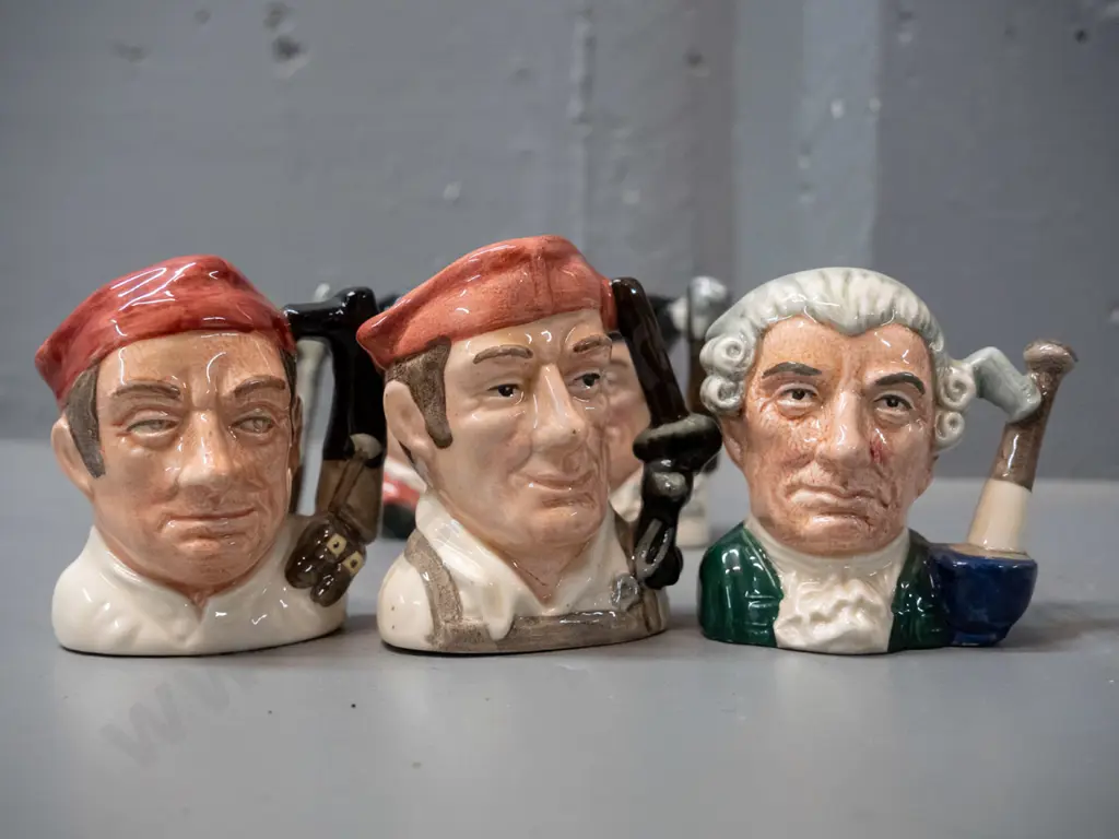 6 small Royal Doulton Characters from Williamsburg character jugs, approx. H-60. See photos for names Image 1++