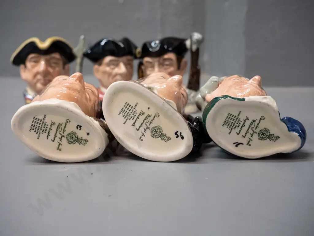 6 small Royal Doulton Characters from Williamsburg character jugs, approx. H-60. See photos for names Image 1++